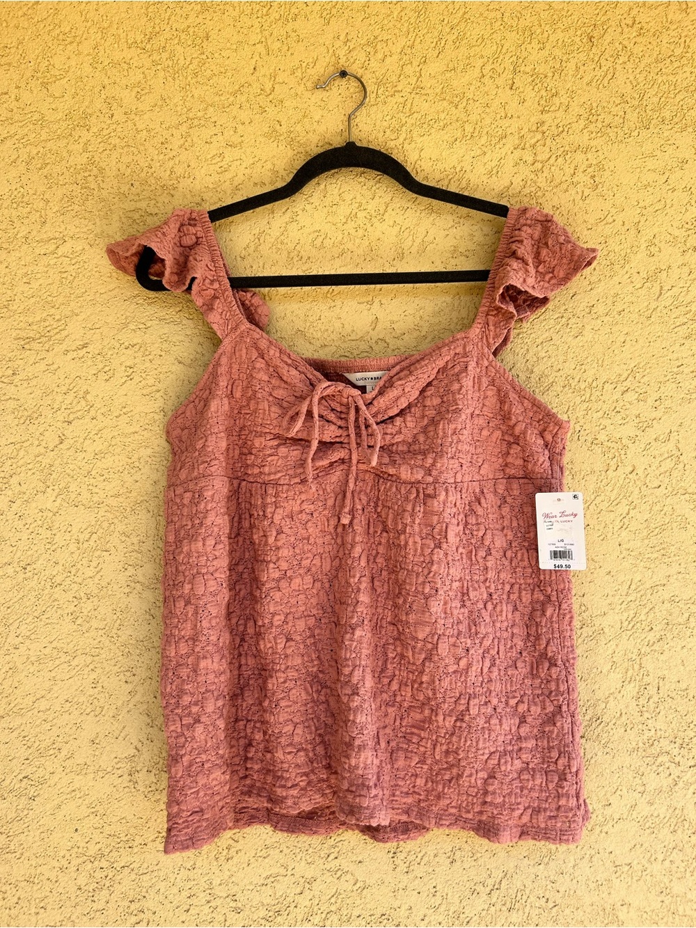 Lucky Brand Textured Babydoll Dusty Rose Smocked Tie-Front Top NWT - Picture 4 of 7